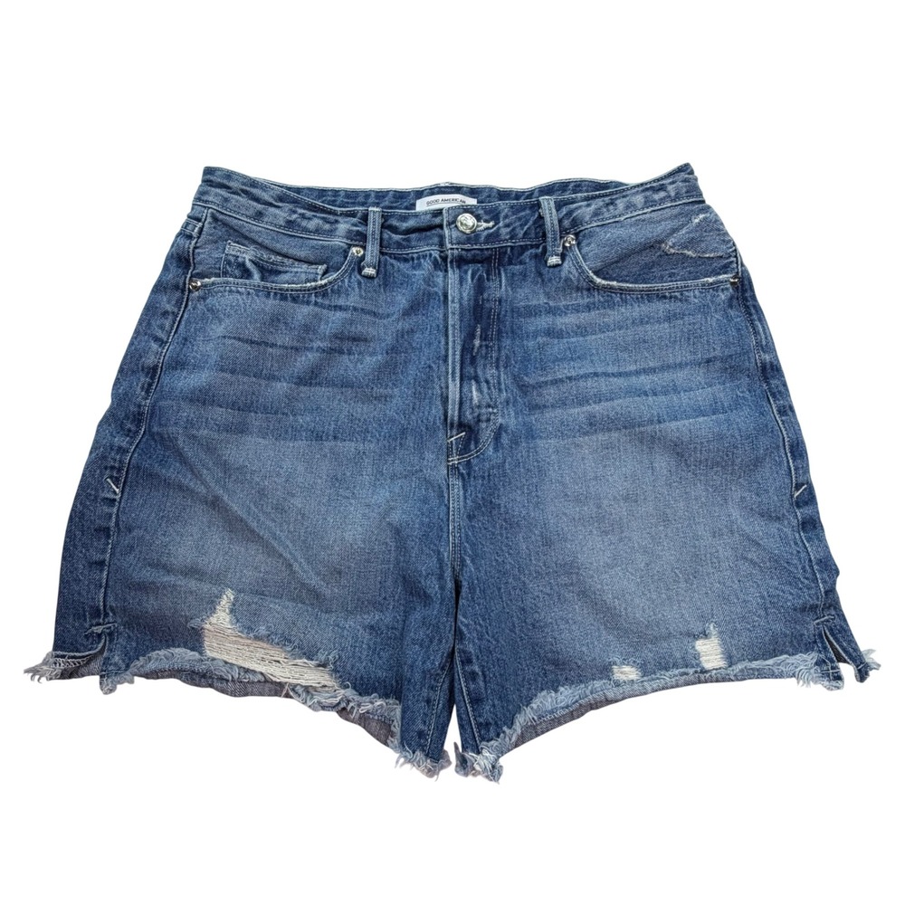 Good American Cotton Denim Shorts Womens 10/30 High Rise Distressed Blue Cutoff